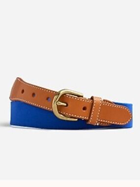 ⚓️ J.Crew Mens Webbed Blue Cloth & Leather Belt 32 Brass Buckle